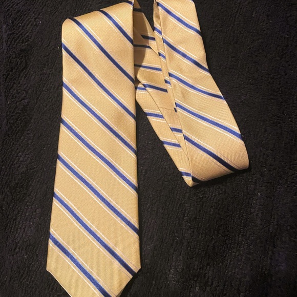 Men’s Club Room Necktie. Yellow with Narrow Blue Strips - Picture 4 of 5